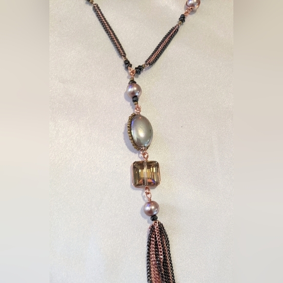 Fabulous Nakamol Mixed Media Fringe Tassel Necklace Pearls Crystals Rose Gold - Picture 5 of 12